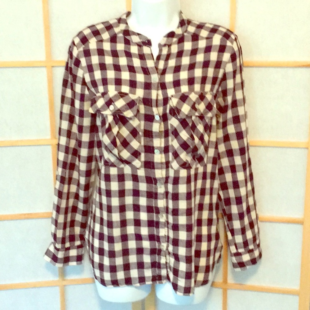 Black/White Checked Collarless Button- Down Shirt Tunic